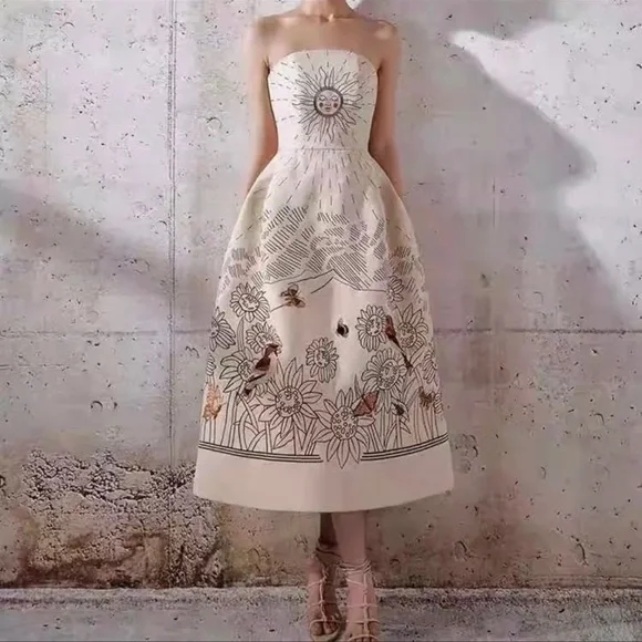 Solairè Runway Sexy Strapless  Midi Dress, Boho Resortwear Luxury Gown - Picture 5 of 14